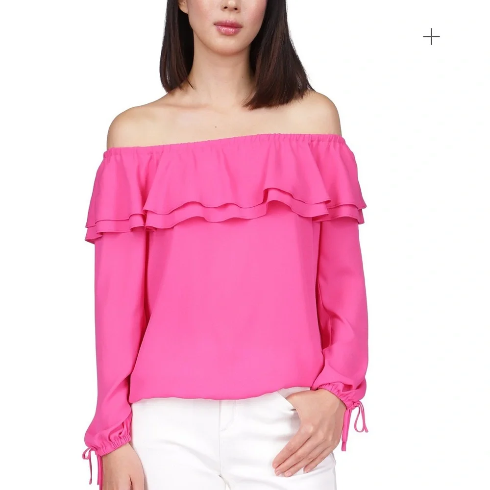 Michael Kors Women’s Pink Ruffled Off-The-Shoulder Top - Picture 1 of 4